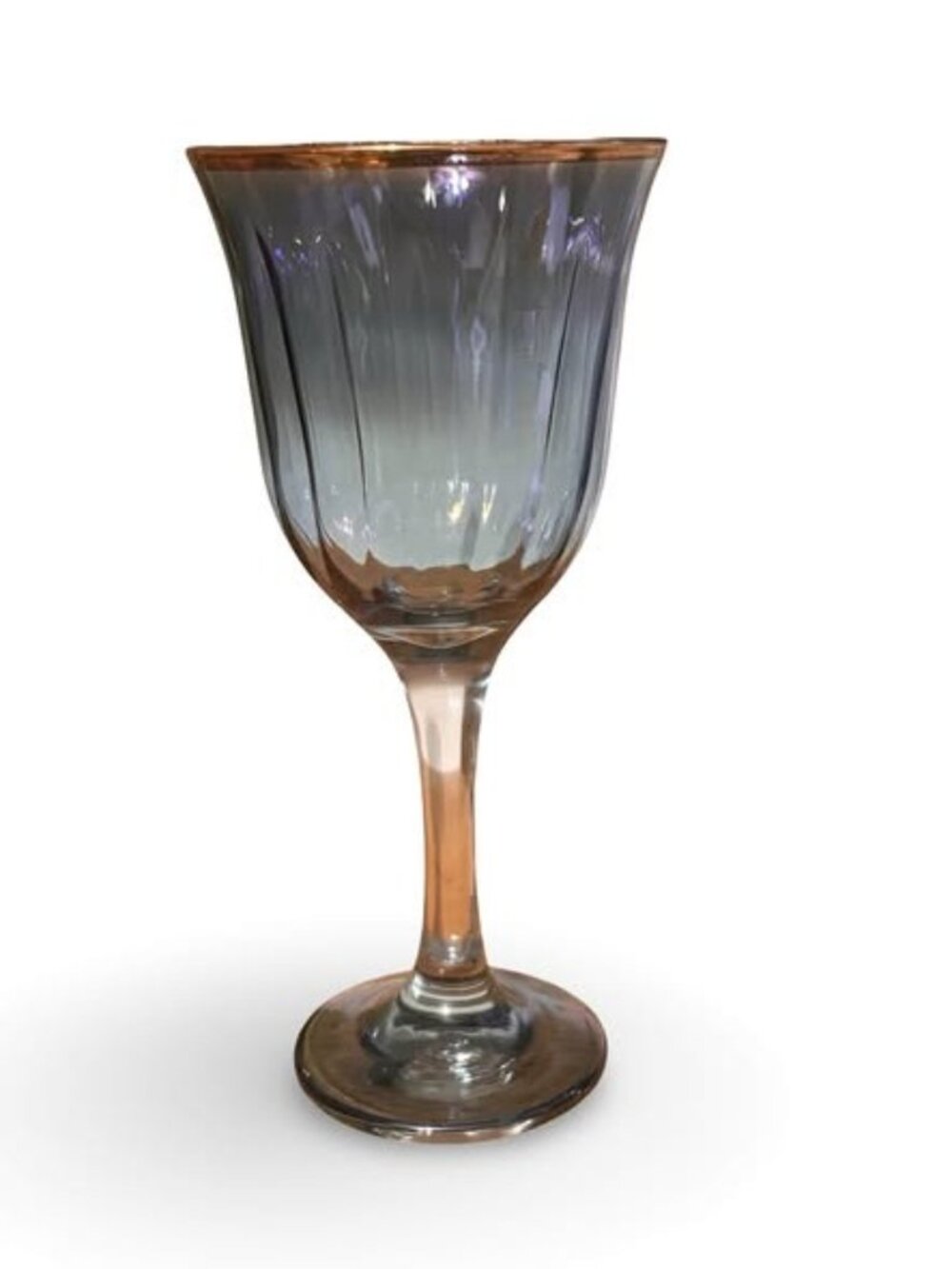 Pair Vintage Hand-Blown Smoky Blue Iridescent Optic Goblets – Gold Rim – 7¾" Art - Picture 2 of 9